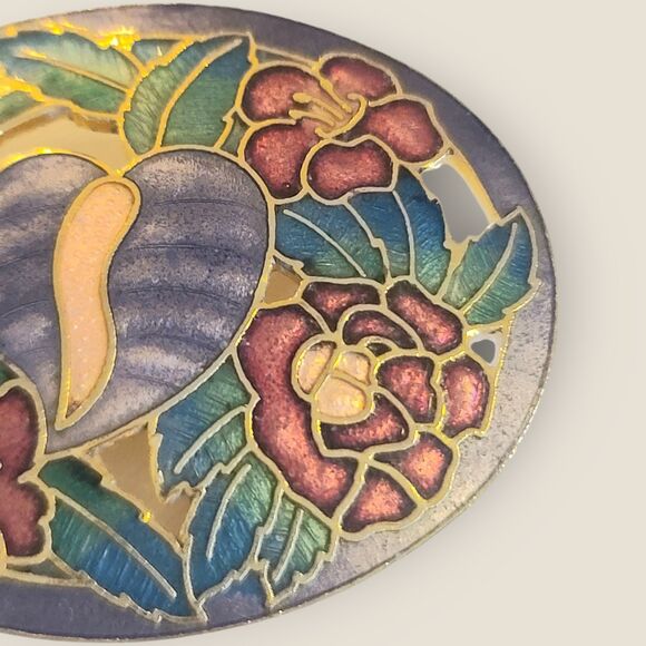 Vintage Gold Tone Cloisonne Tropical Arthurium Flowers Large Brooch Lapel Pin - Picture 5 of 10